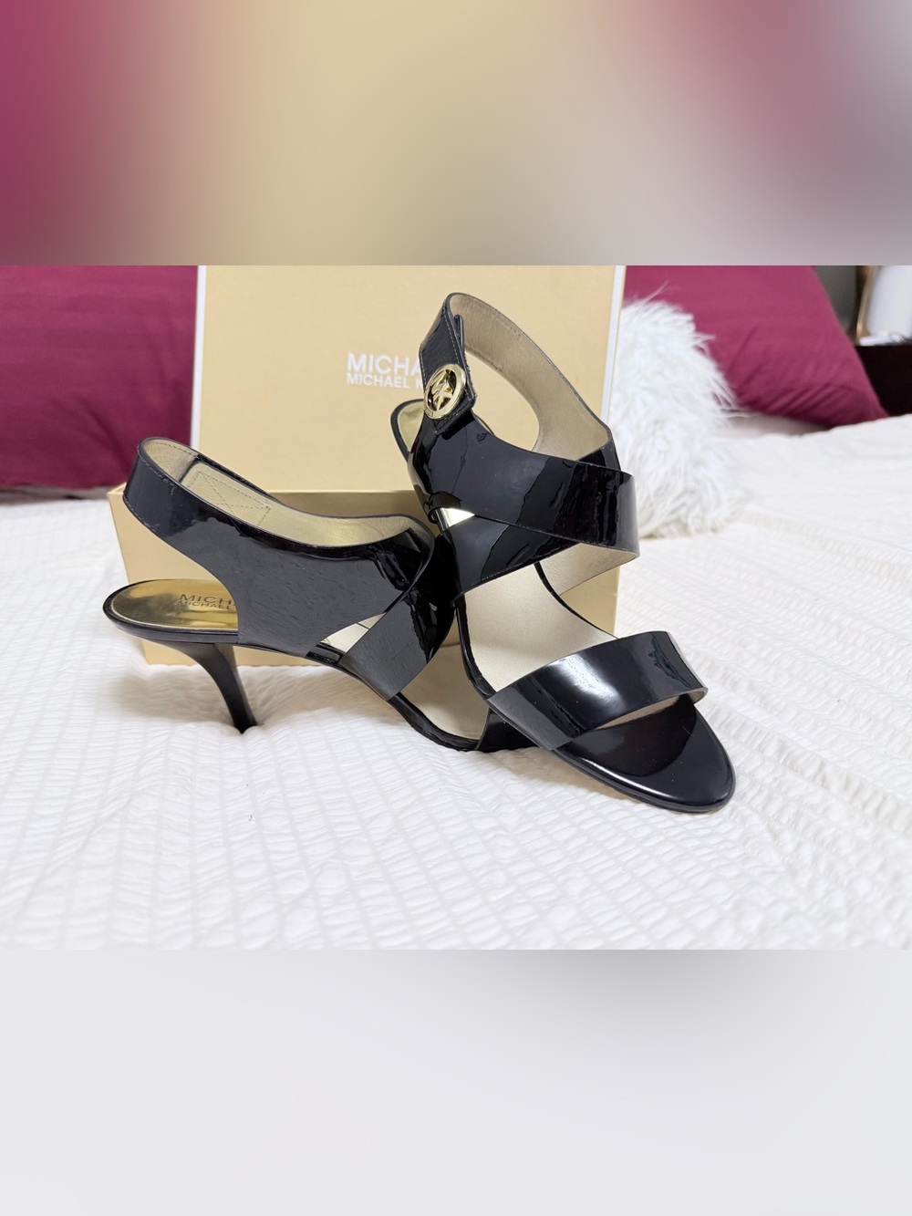 MICHAEL Michael Kors Black Patent Leather Strappy Heels with Gold Logo